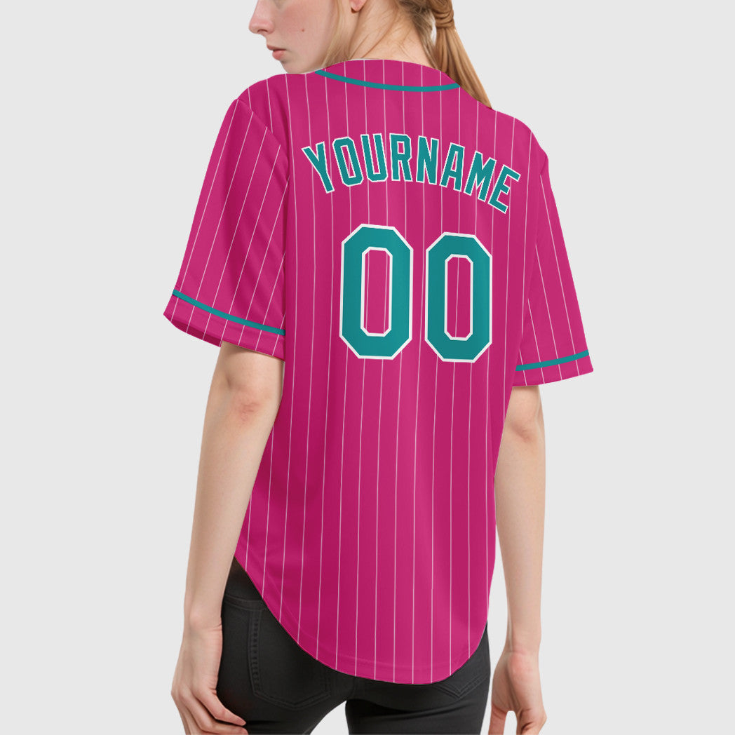 Custom Pink White Teal Piping Pinstripe Baseball Jersey