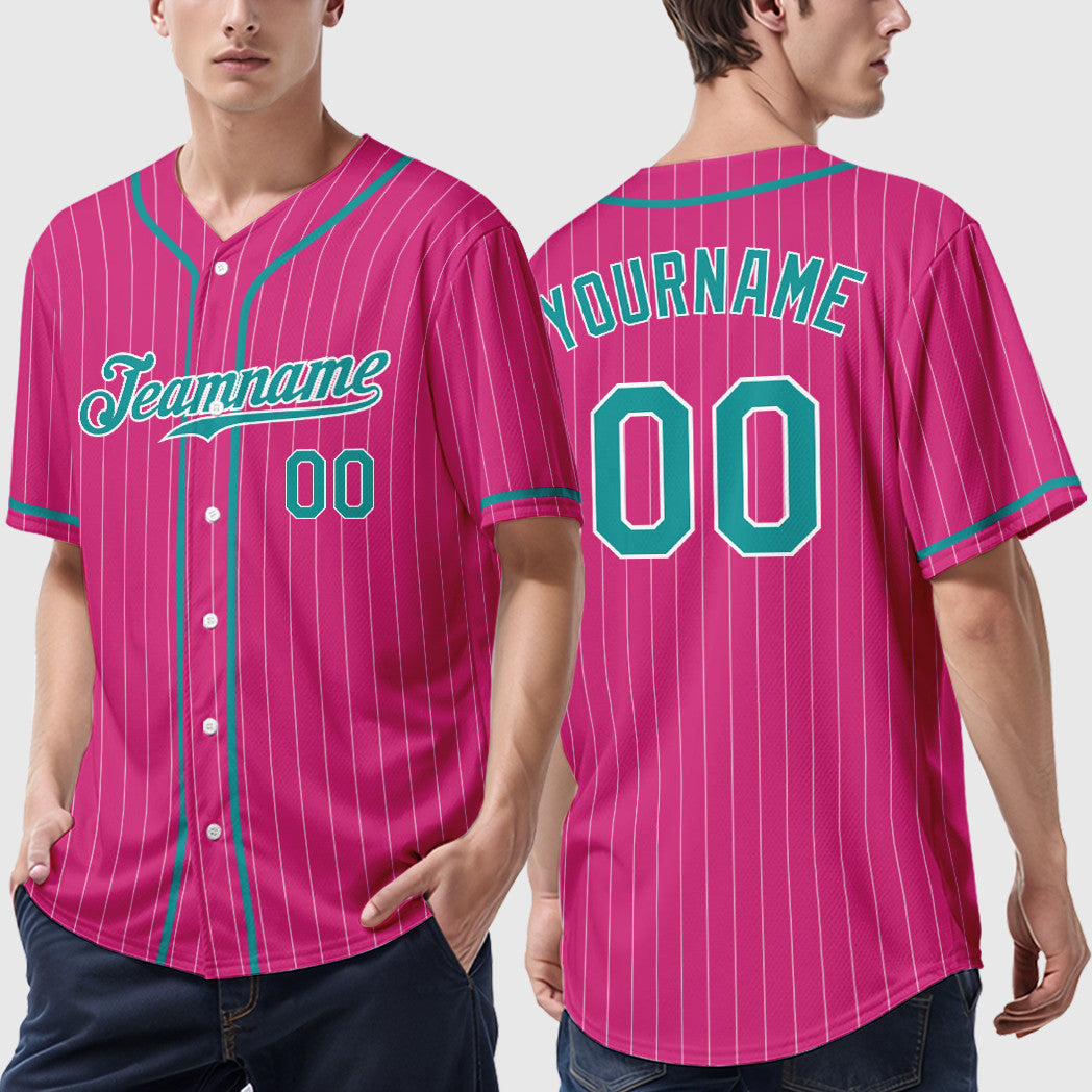 Custom Pink White Teal Piping Pinstripe Baseball Jersey