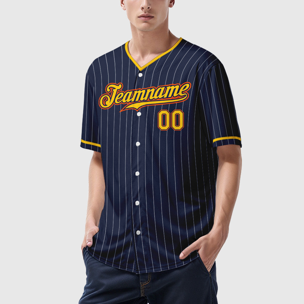 Custom Navy White Gold-Orange Pinstripe Baseball Jersey