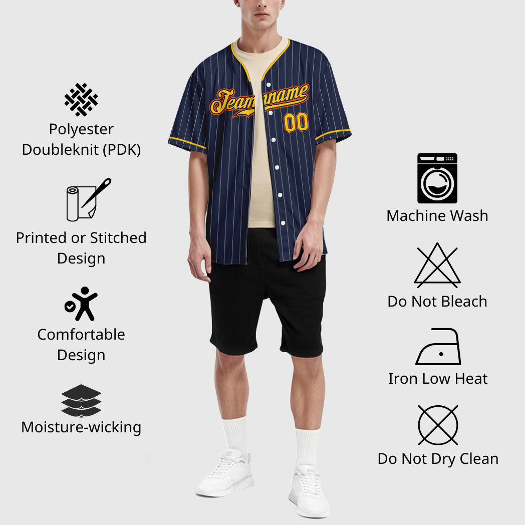 Custom Navy White Gold-Orange Pinstripe Baseball Jersey