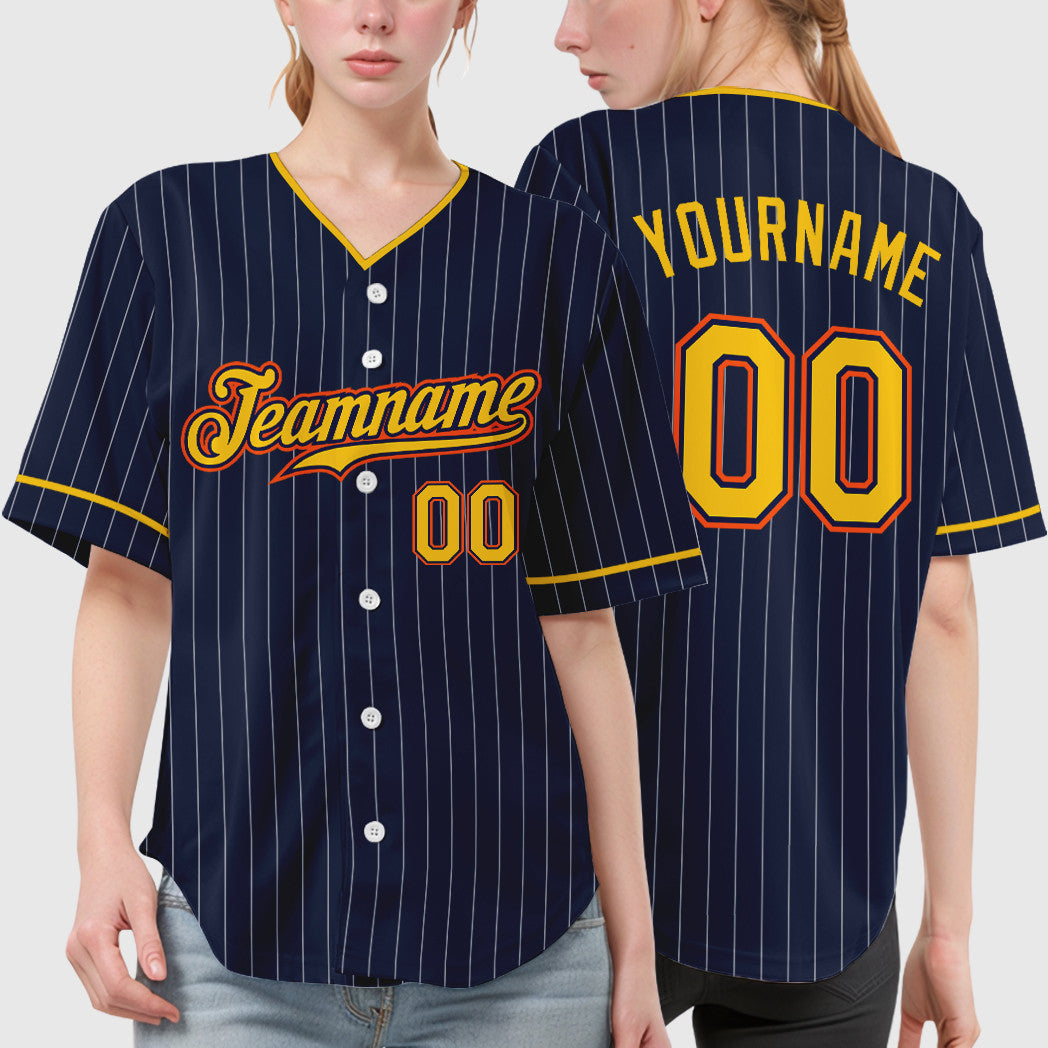 Custom Navy White Gold-Orange Pinstripe Baseball Jersey