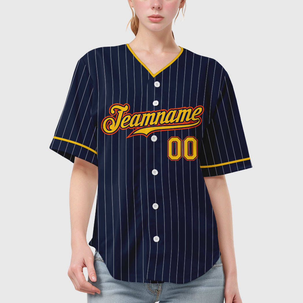 Custom Navy White Gold-Orange Pinstripe Baseball Jersey