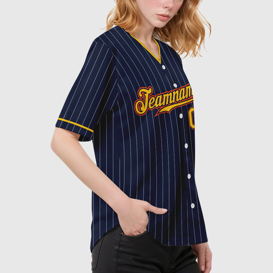 Custom Navy White Gold-Orange Pinstripe Baseball Jersey