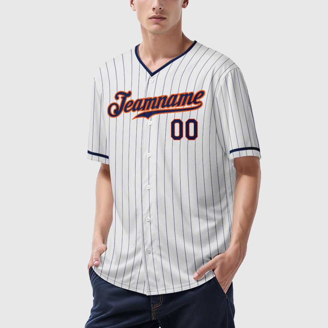 Custom White Navy Navy-Orange Pinstripe Baseball Jersey