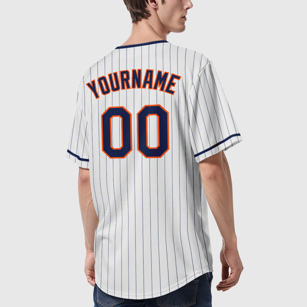 Custom White Navy Navy-Orange Pinstripe Baseball Jersey