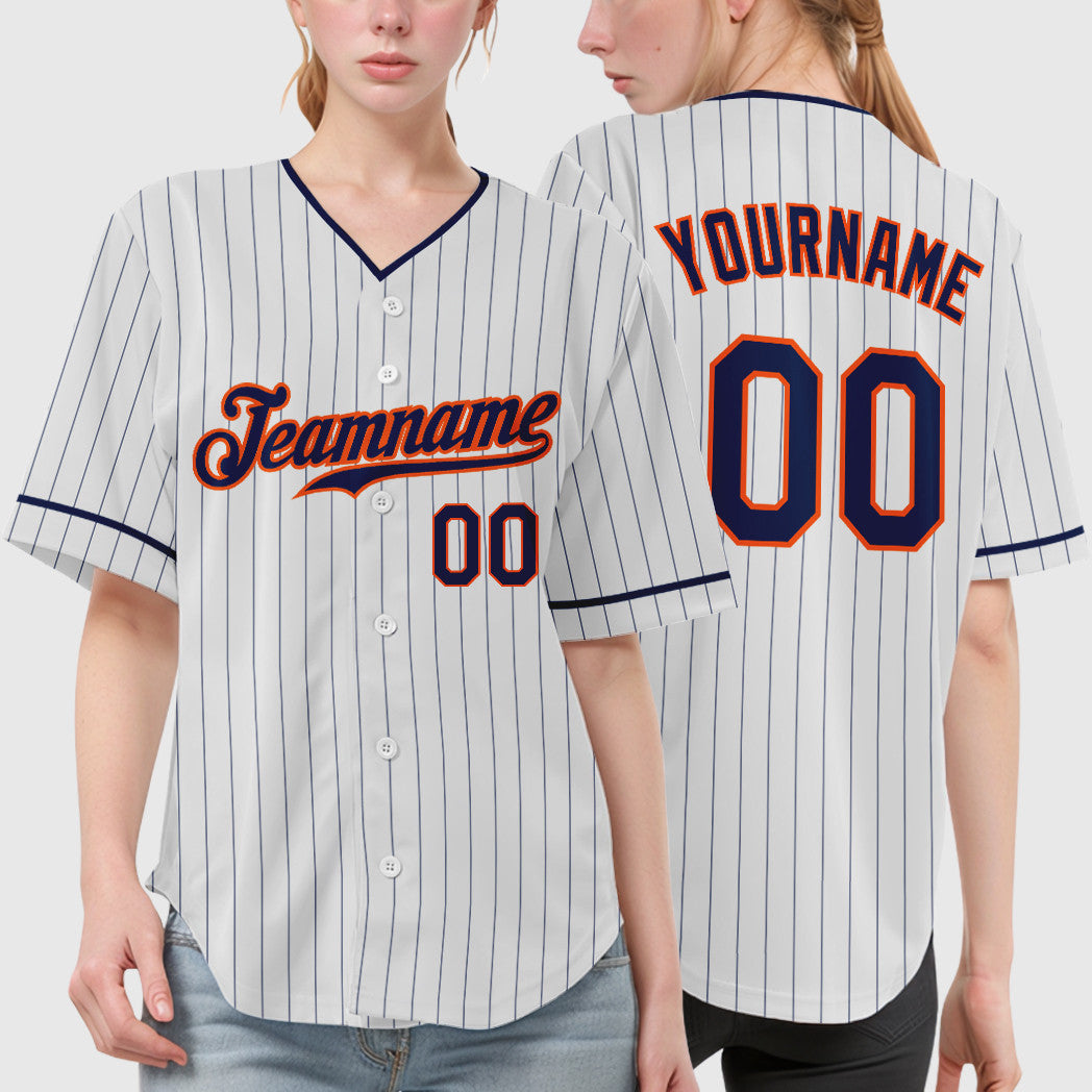 Custom White Navy Navy-Orange Pinstripe Baseball Jersey
