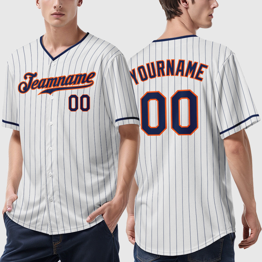 Custom White Navy Navy-Orange Pinstripe Baseball Jersey