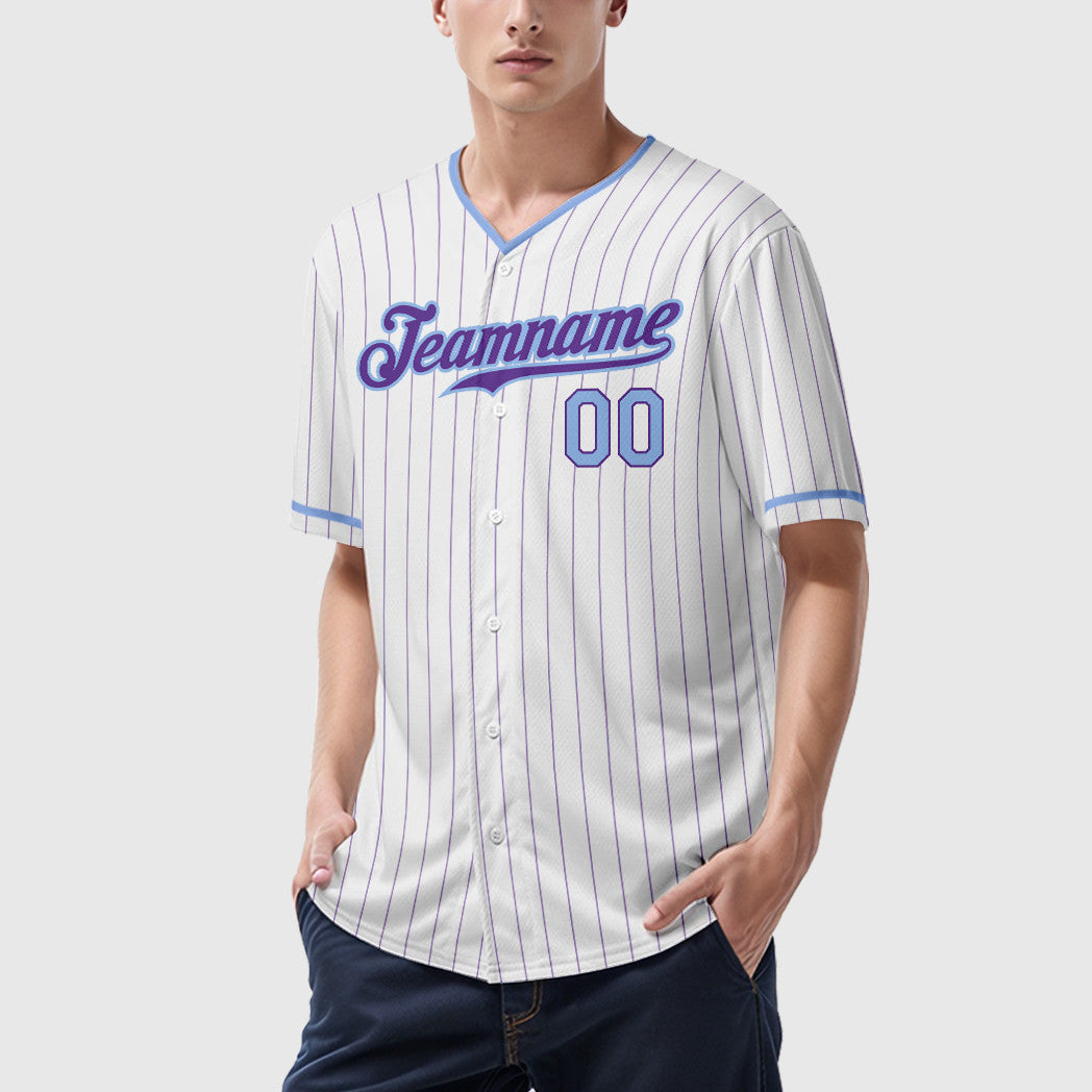 Custom White Purple Light Blue Pinstripe Baseball Jersey