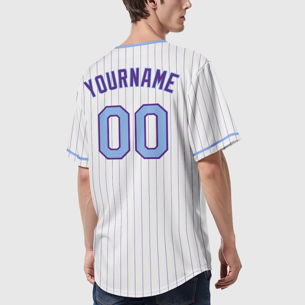 Custom White Purple Light Blue Pinstripe Baseball Jersey