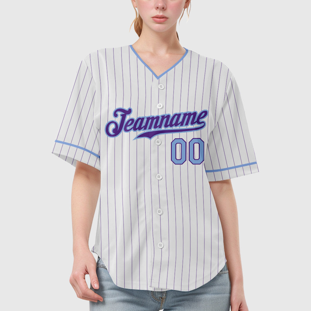 Custom White Purple Light Blue Pinstripe Baseball Jersey