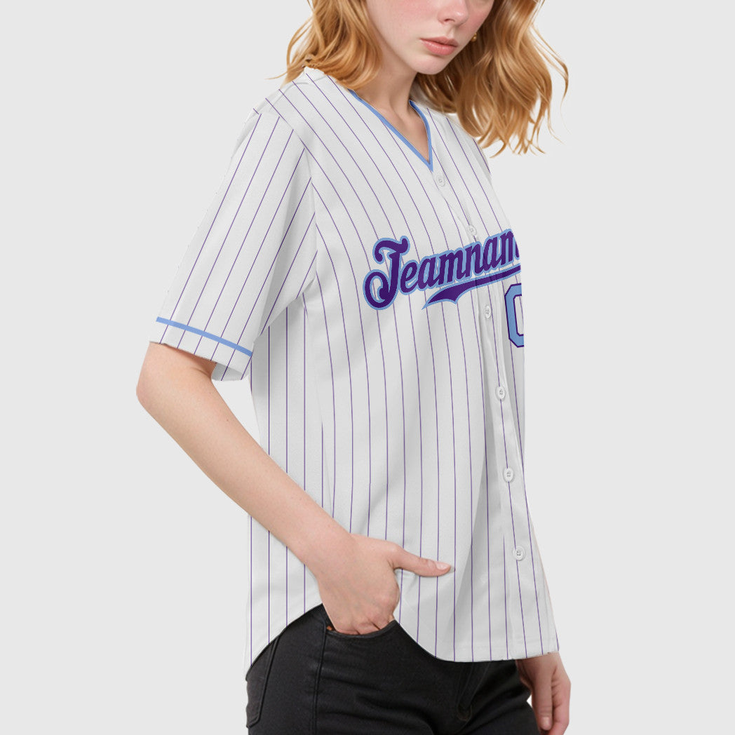 Custom White Purple Light Blue Pinstripe Baseball Jersey