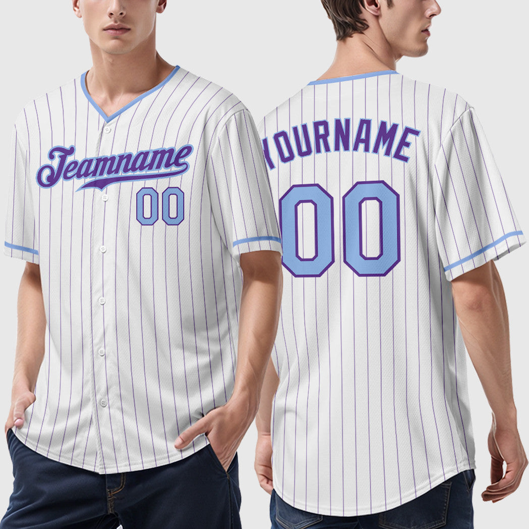 Custom White Purple Light Blue Pinstripe Baseball Jersey