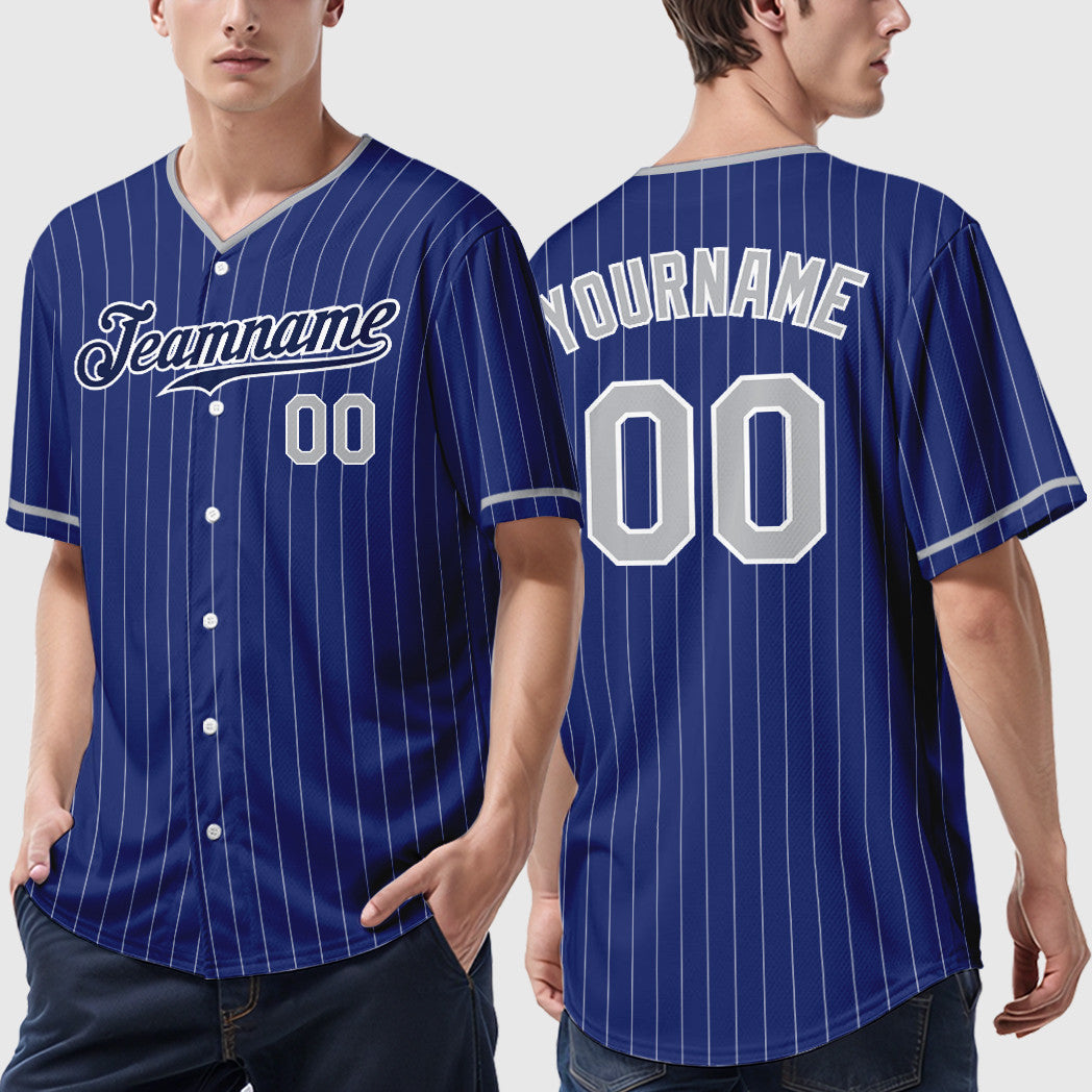 Custom Royal White Gray-Navy Pinstripe Baseball Jersey