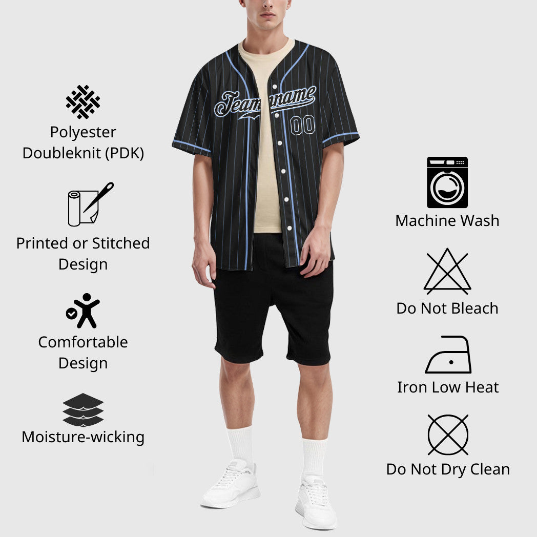Custom Black Light Blue Black-White Piping Pinstripe Baseball Jersey