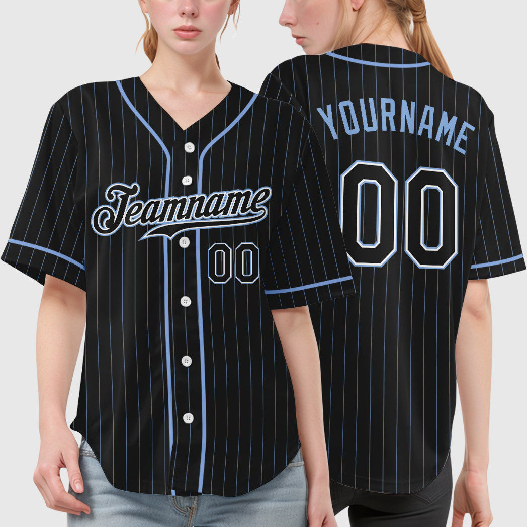 Custom Black Light Blue Black-White Piping Pinstripe Baseball Jersey