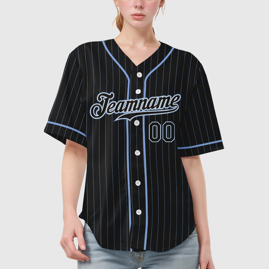Custom Black Light Blue Black-White Piping Pinstripe Baseball Jersey