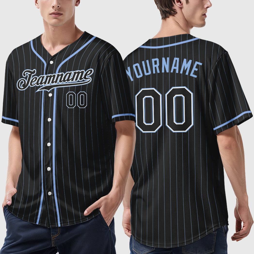 Custom Black Light Blue Black-White Piping Pinstripe Baseball Jersey