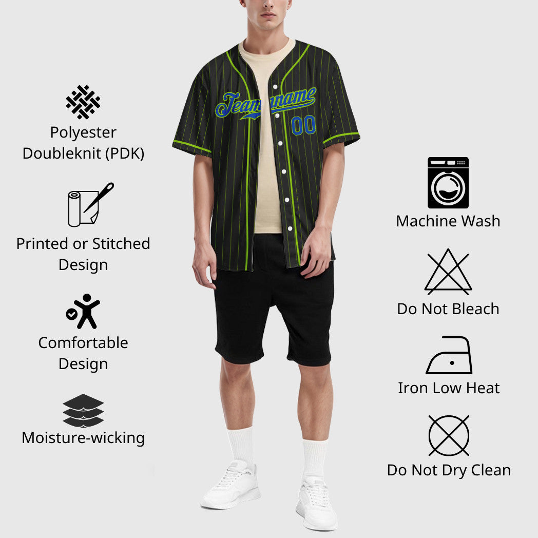Custom Black Neon Green Thunder Blue Piping Pinstripe Baseball Jersey