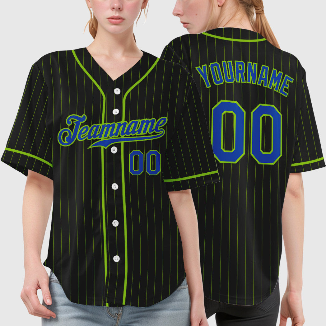 Custom Black Neon Green Thunder Blue Piping Pinstripe Baseball Jersey