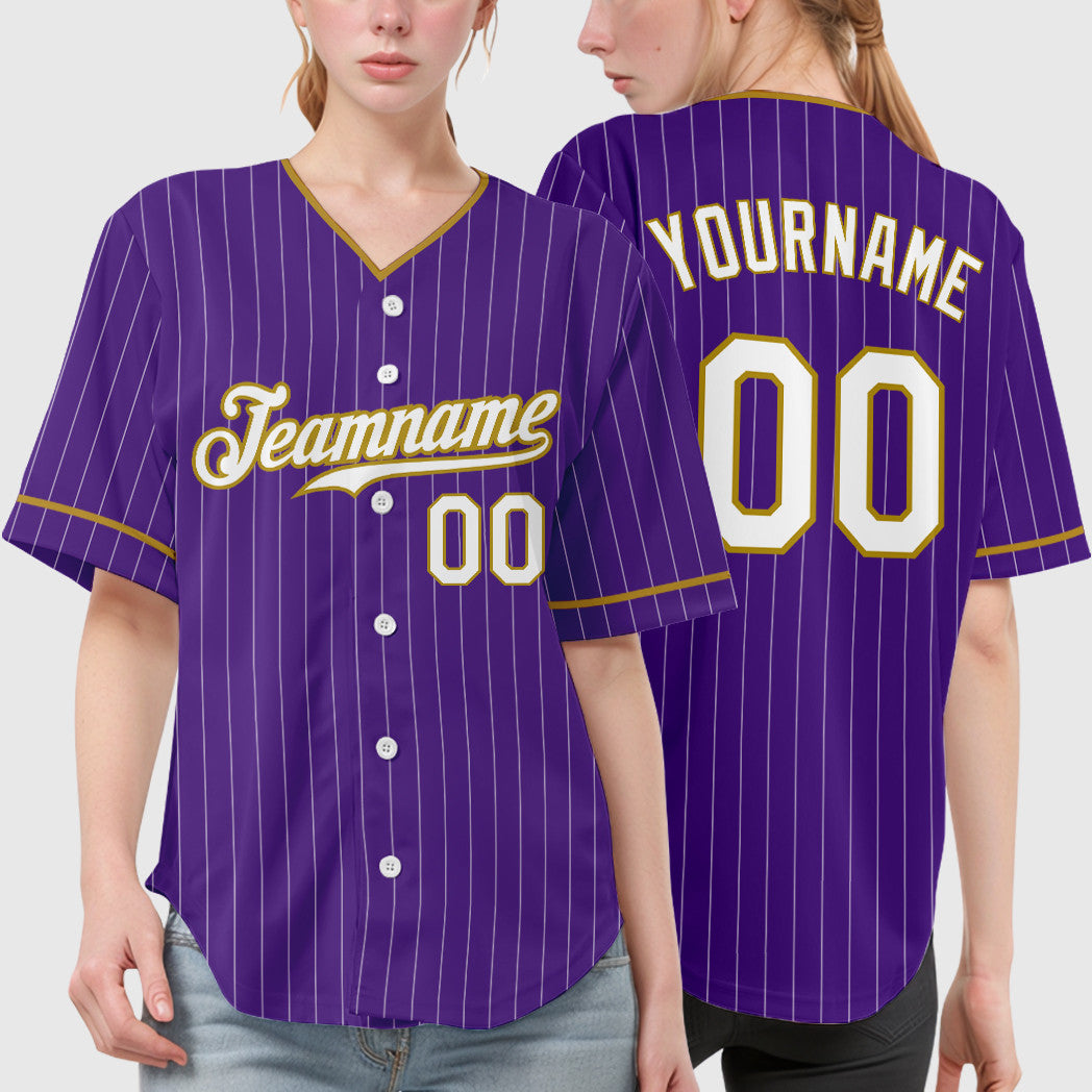Custom Purple White Old Gold Pinstripe Baseball Jersey