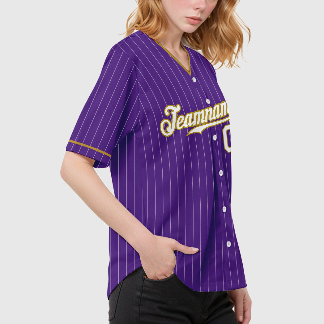 Custom Purple White Old Gold Pinstripe Baseball Jersey