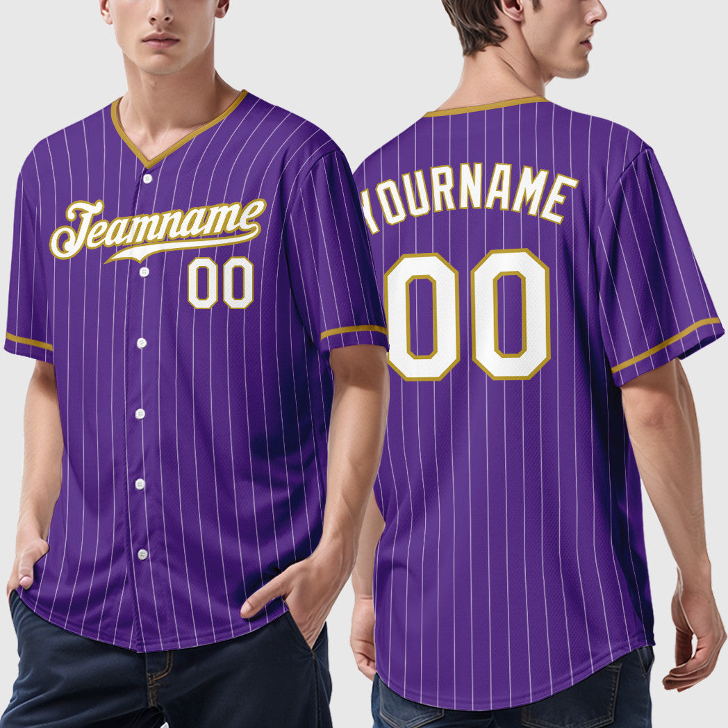 Custom Purple White Old Gold Pinstripe Baseball Jersey
