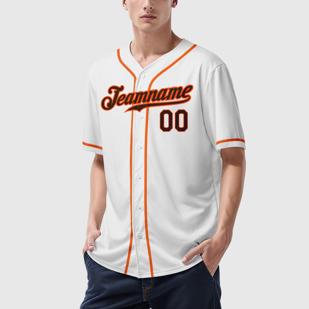 Custom White Brown Brown-Orange Sleeve Baseball Jersey