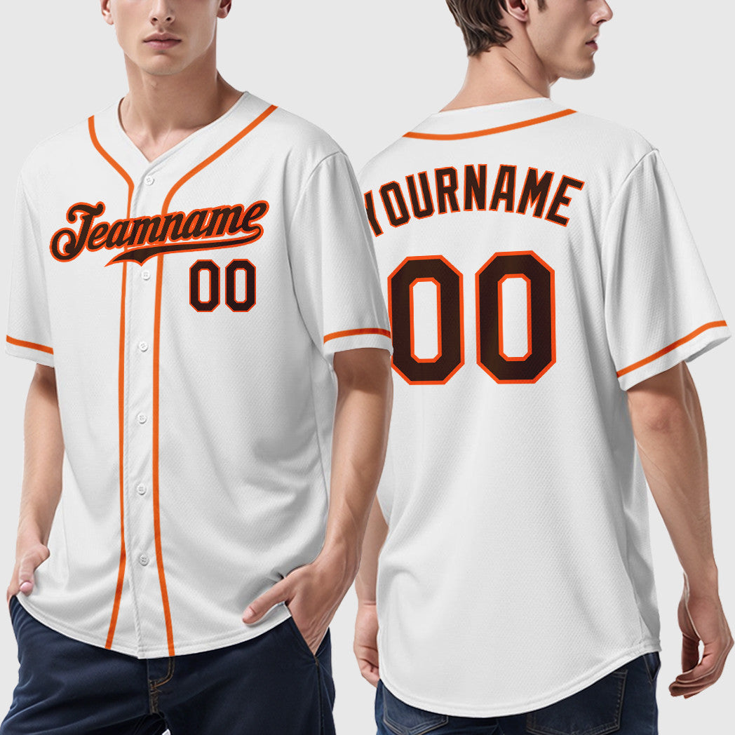 Custom White Brown Brown-Orange Sleeve Baseball Jersey