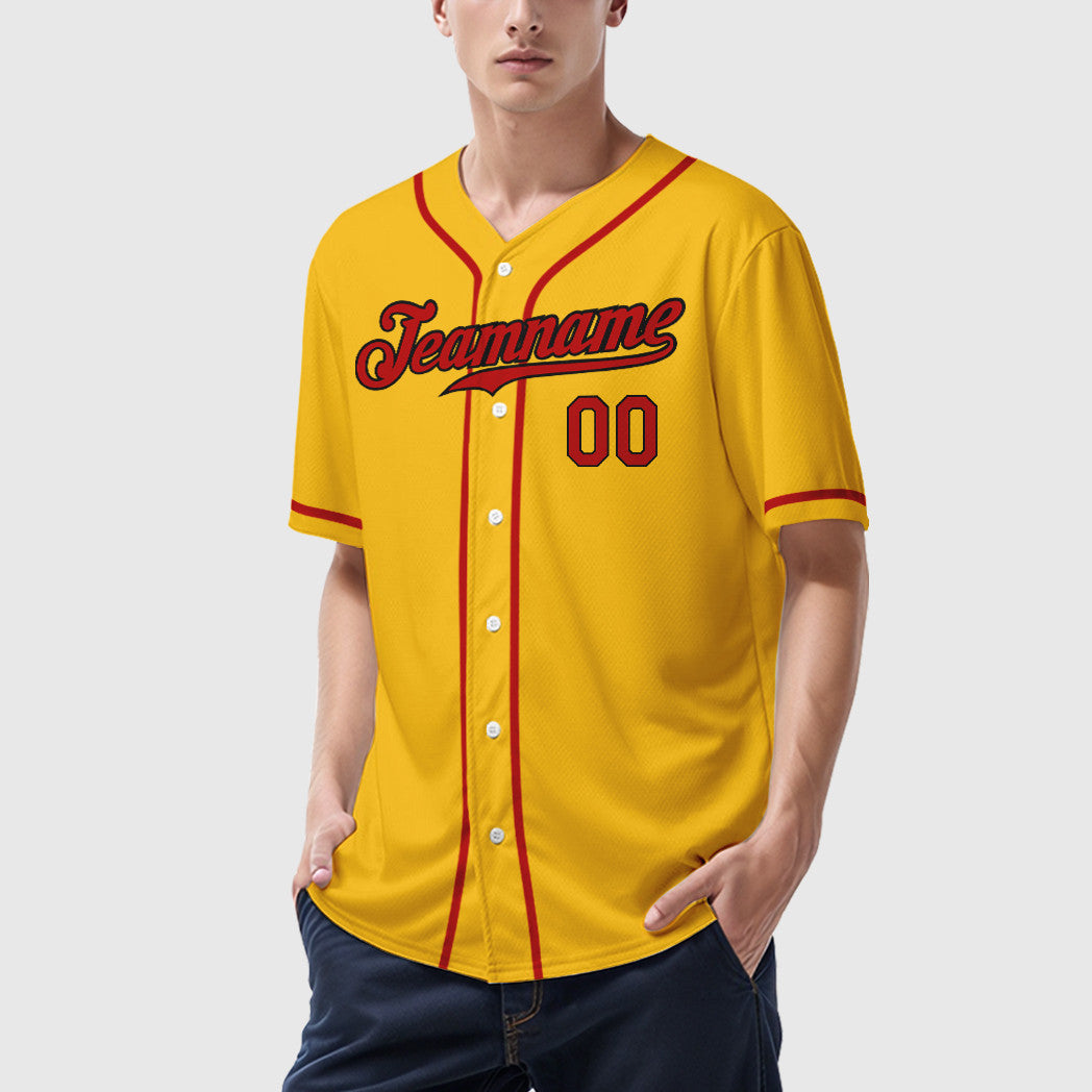 Custom Yellow Black Red-Black Sleeve Baseball Jersey