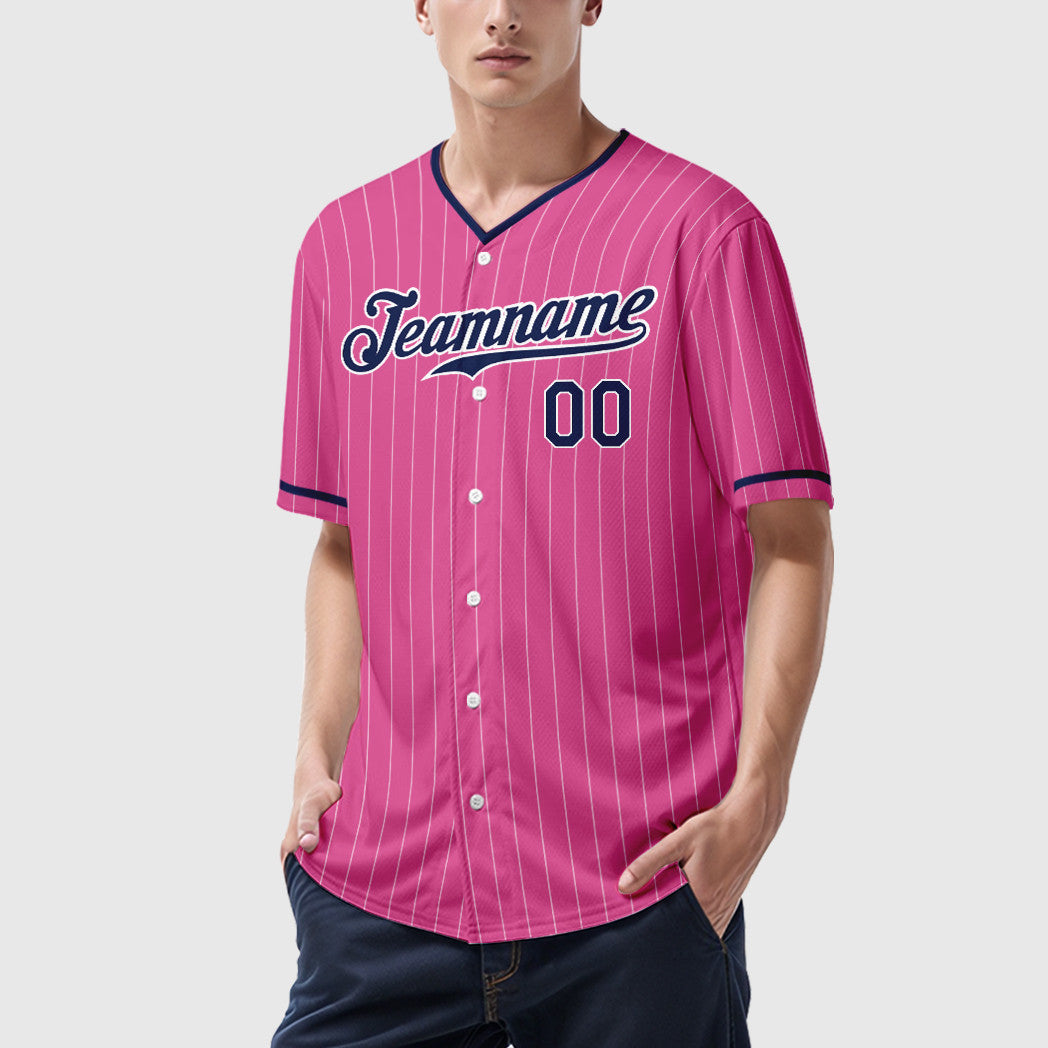 Custom Pink White Navy Pinstripe Baseball Jersey
