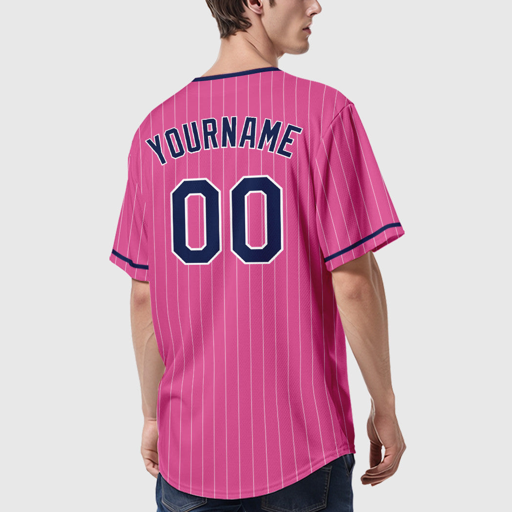 Custom Pink White Navy Pinstripe Baseball Jersey