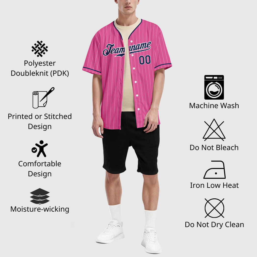 Custom Pink White Navy Pinstripe Baseball Jersey