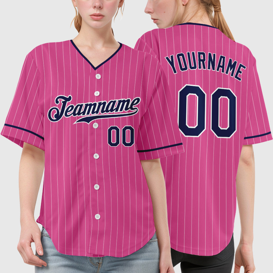 Custom Pink White Navy Pinstripe Baseball Jersey