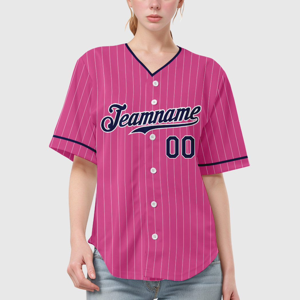 Custom Pink White Navy Pinstripe Baseball Jersey