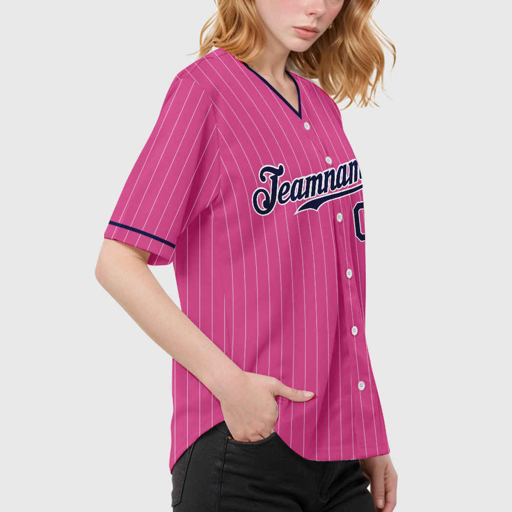Custom Pink White Navy Pinstripe Baseball Jersey