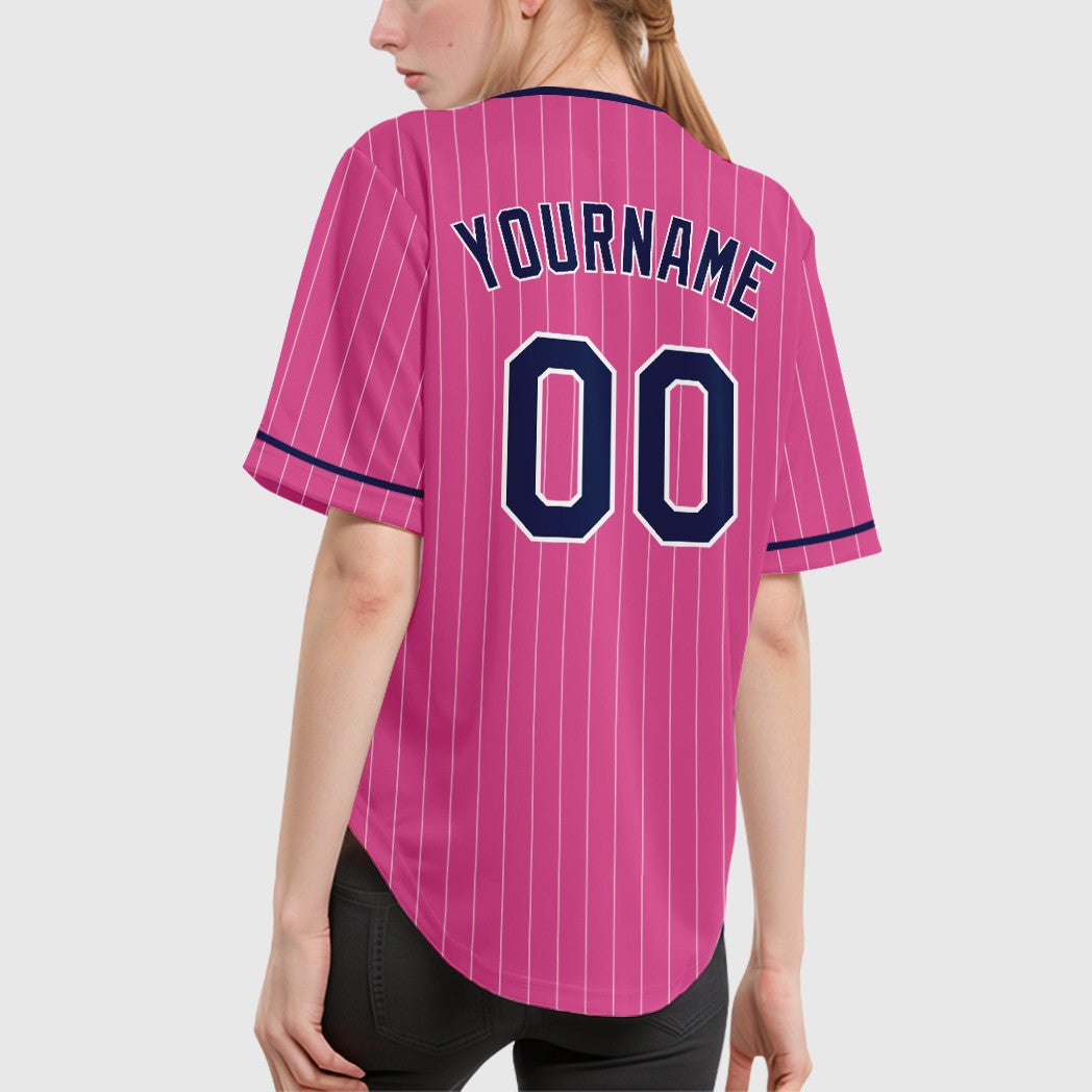 Custom Pink White Navy Pinstripe Baseball Jersey