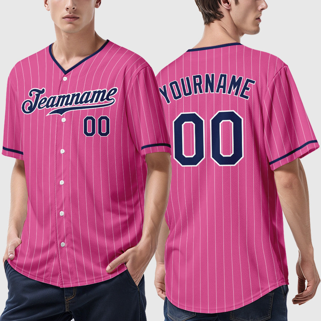 Custom Pink White Navy Pinstripe Baseball Jersey