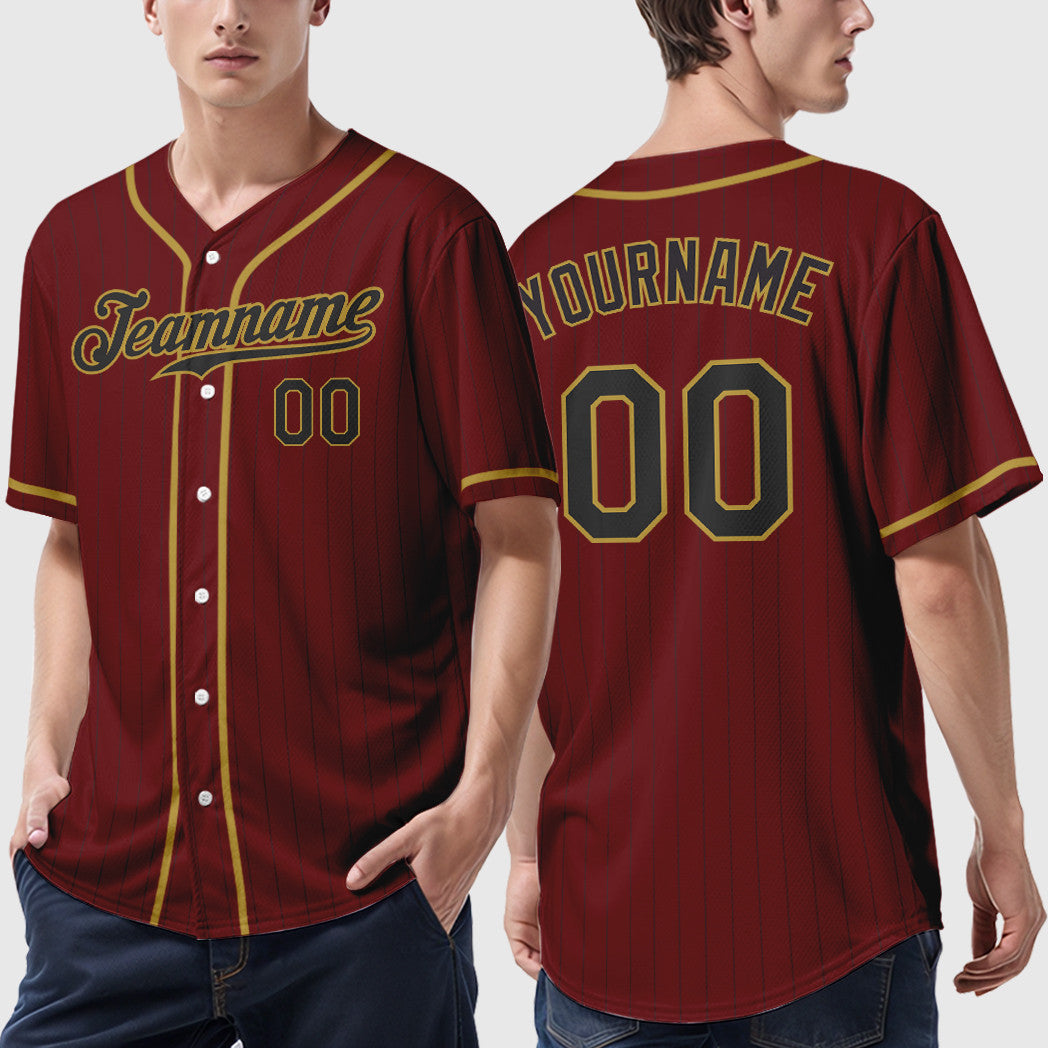 Custom Crimson Black Old Gold Piping Pinstripe Baseball Jersey