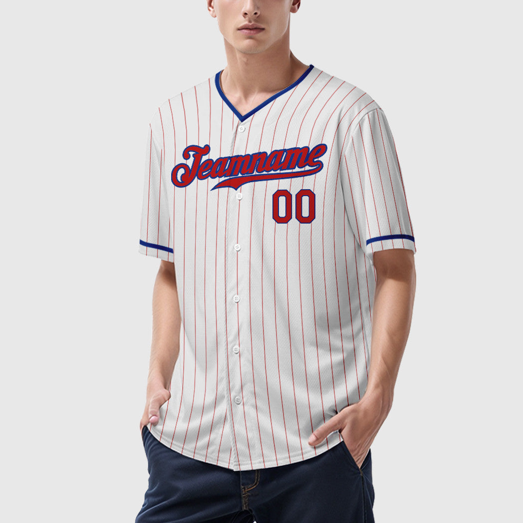 Custom White Red Red-Royal Pinstripe Baseball Jersey