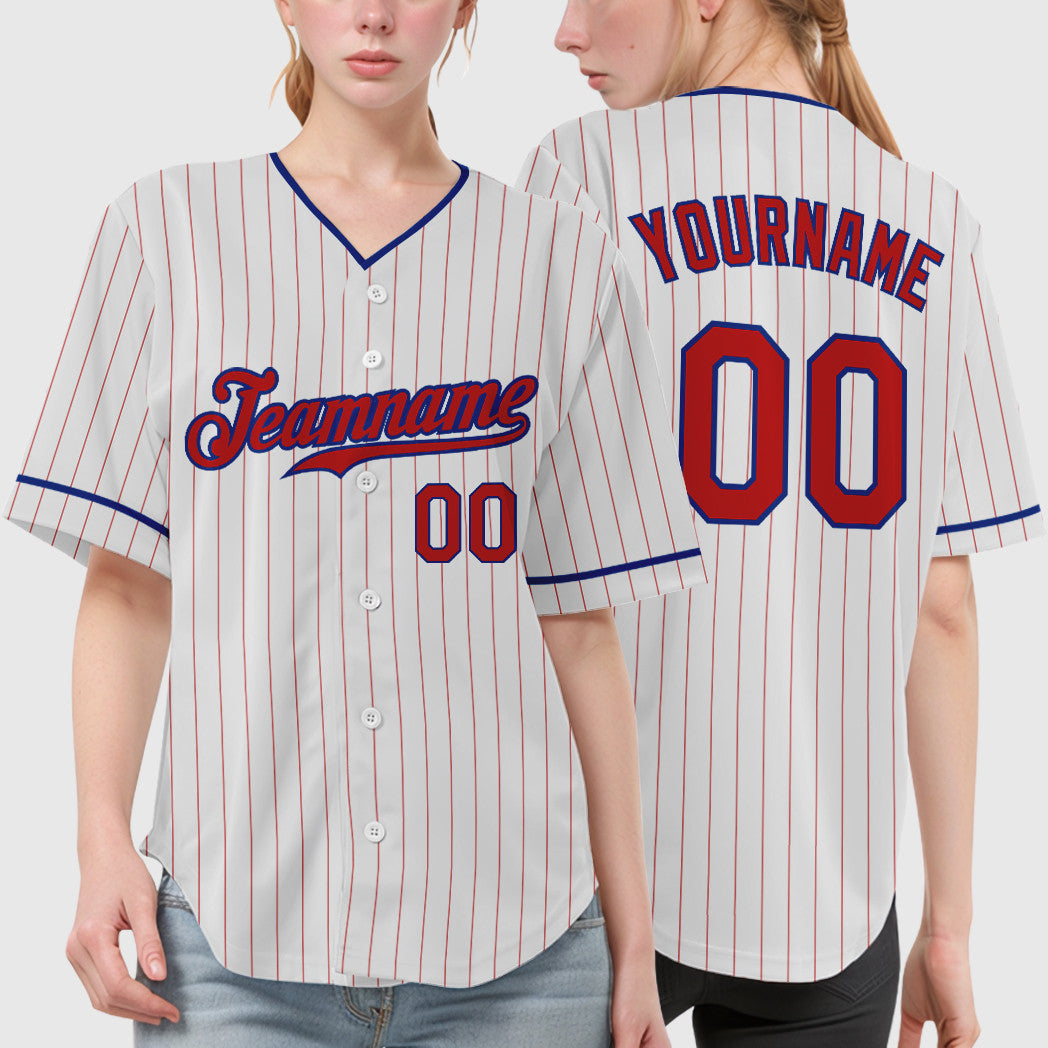 Custom White Red Red-Royal Pinstripe Baseball Jersey
