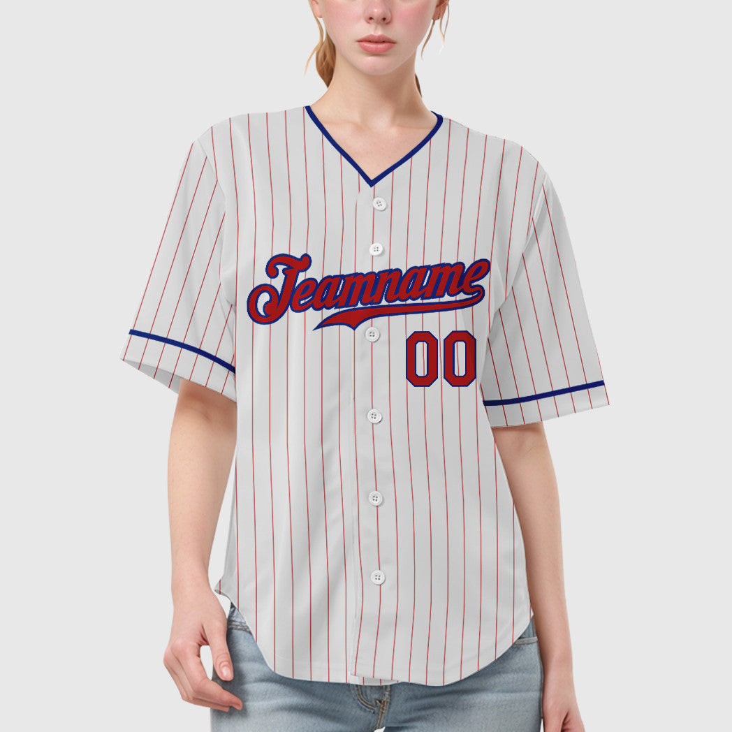 Custom White Red Red-Royal Pinstripe Baseball Jersey