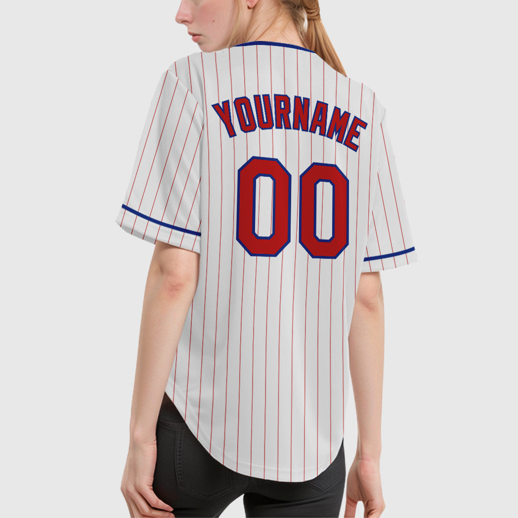 Custom White Red Red-Royal Pinstripe Baseball Jersey