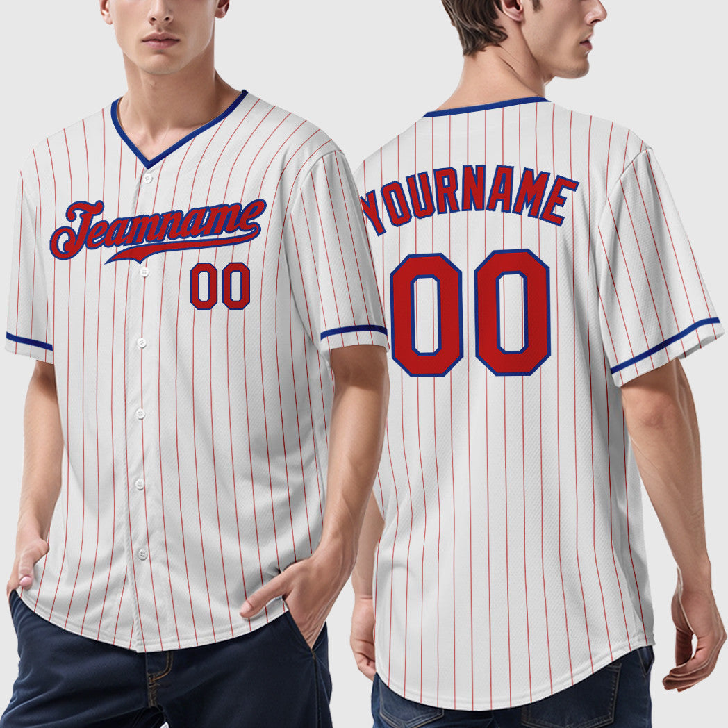 Custom White Red Red-Royal Pinstripe Baseball Jersey