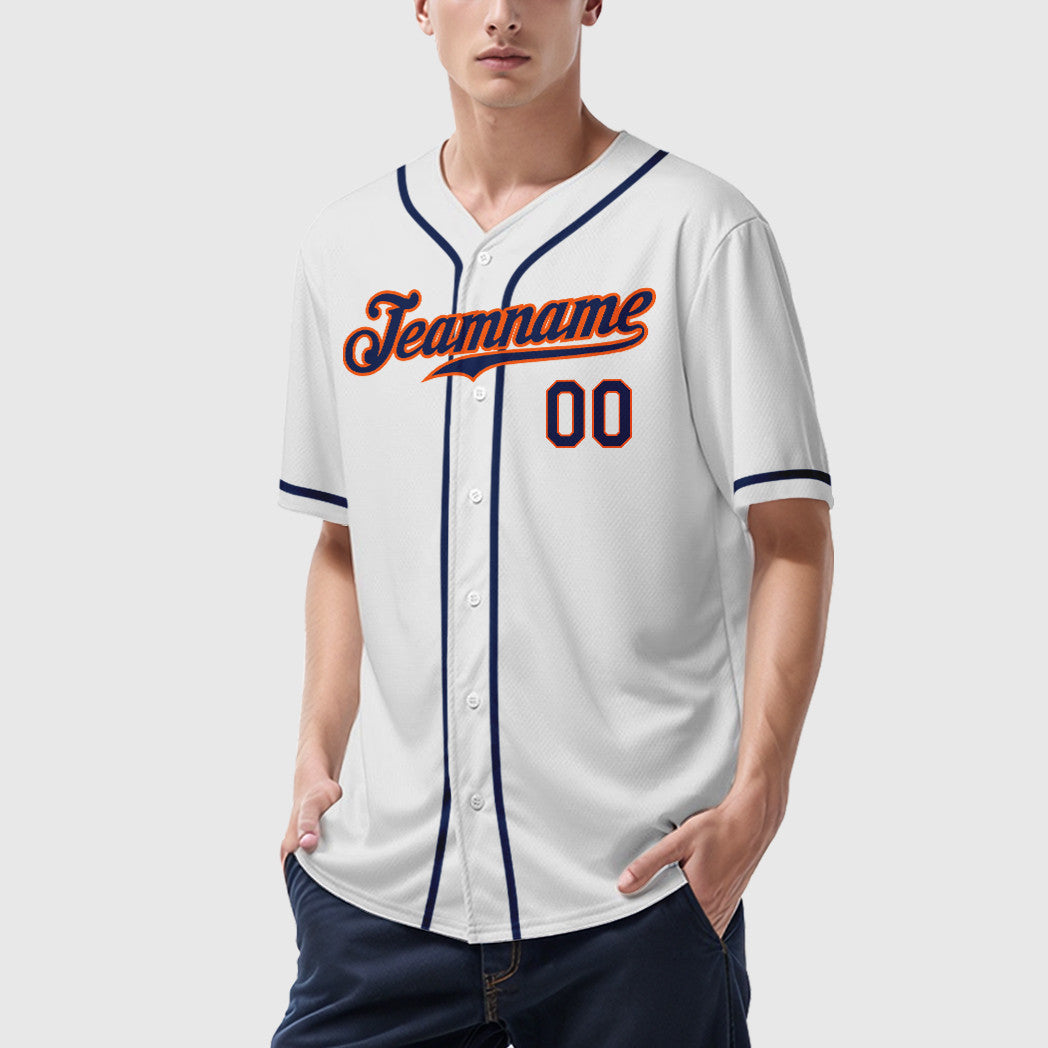 Custom White Navy Navy-Orange Sleeve Baseball Jersey