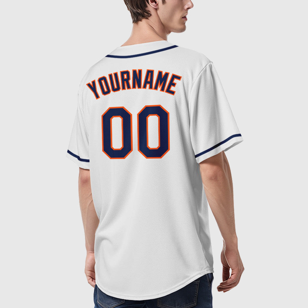 Custom White Navy Navy-Orange Sleeve Baseball Jersey