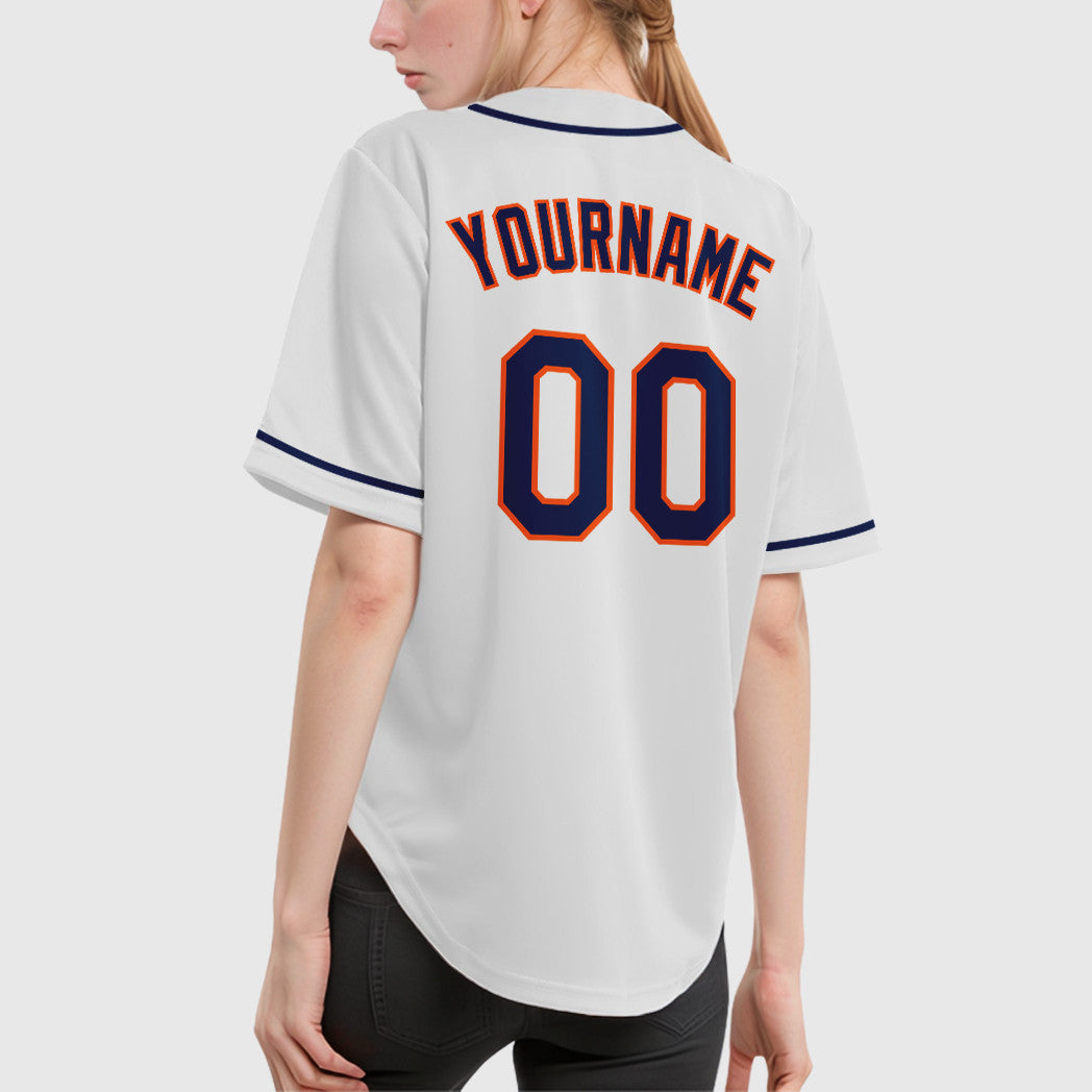 Custom White Navy Navy-Orange Sleeve Baseball Jersey