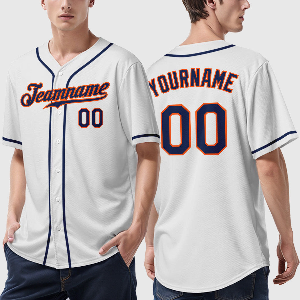 Custom White Navy Navy-Orange Sleeve Baseball Jersey