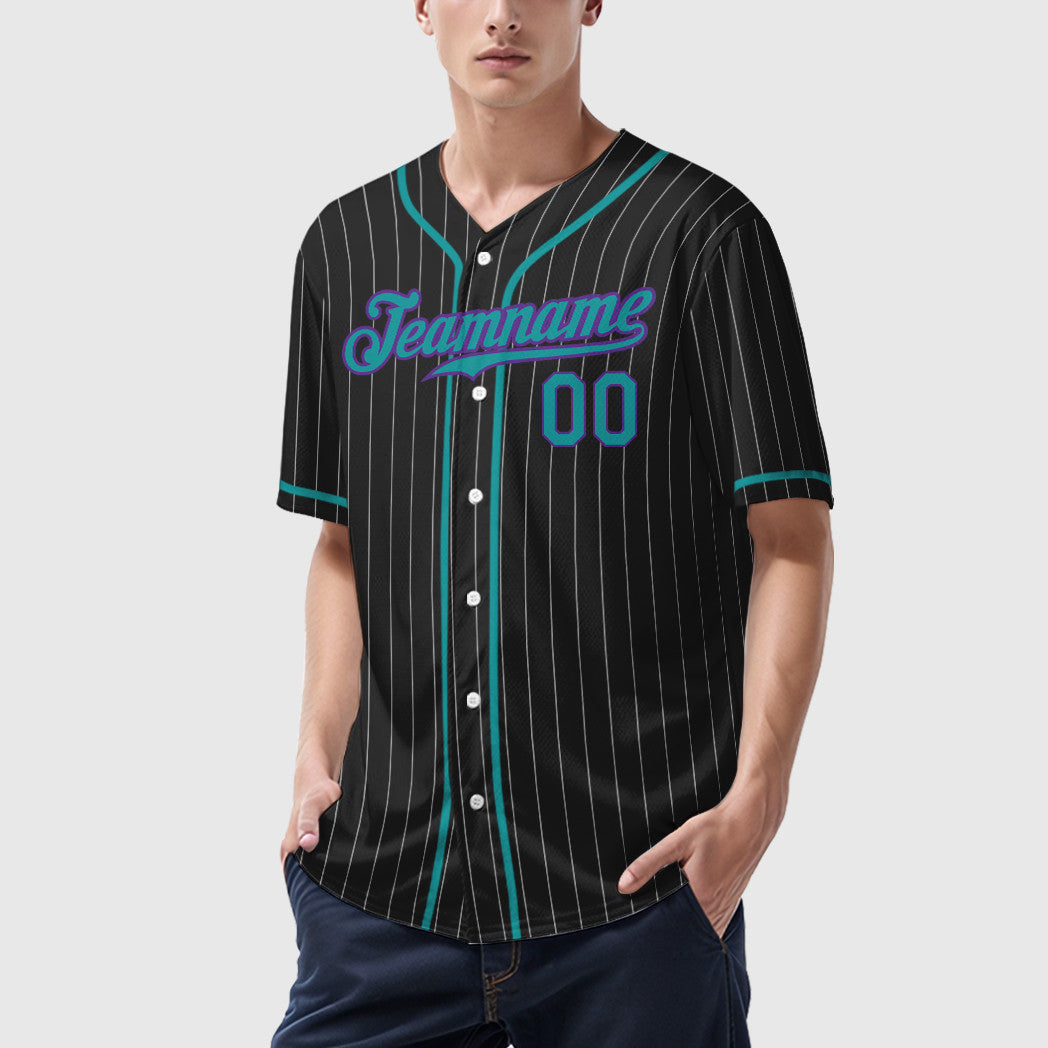 Custom Black White Teal-Purple Piping Pinstripe Baseball Jersey