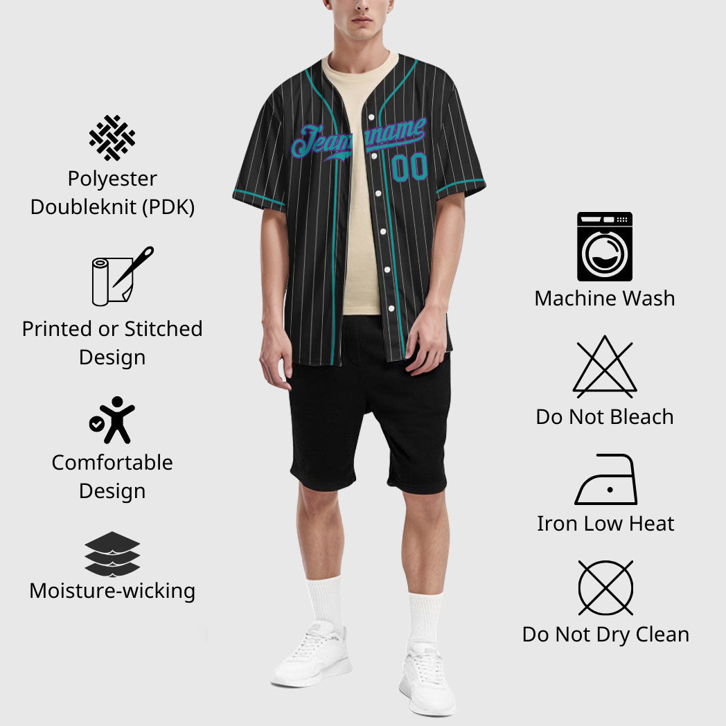 Custom Black White Teal-Purple Piping Pinstripe Baseball Jersey