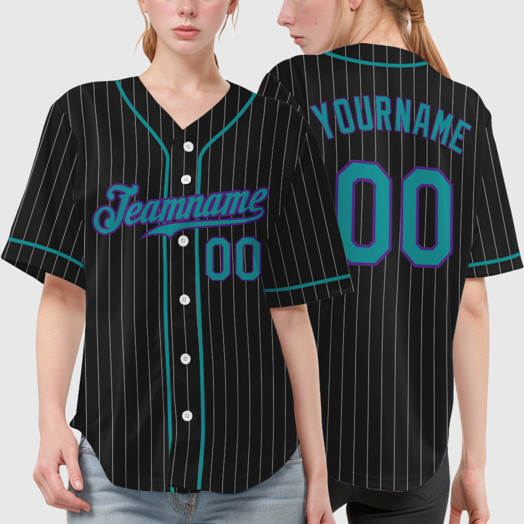 Custom Black White Teal-Purple Piping Pinstripe Baseball Jersey